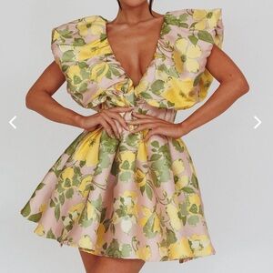 BENNET PUFFED NECKLINE MINI DRESS FLORAL PINK/YELLOW